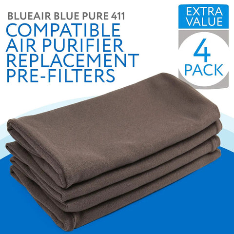 Washable Pre Filter Replacements For Blue Pure 411 Air Purifier 4 pack of dark grey folded slip-on filters shown on a blue background.