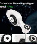 Torque strut mount right upper with reference number A7363 for automotive use, showing detailed views of the mount design.