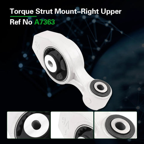 Torque strut mount right upper with reference number A7363 for automotive use, showing detailed views of the mount design.