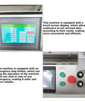 Heavy Duty Desktop Bottle Labeling Machine For Round Bottles With Lowkey Touch Screen Setup High Speed Sticker Wrapper Smooth Ride Cart showing touch screen controls and emergency stop button.