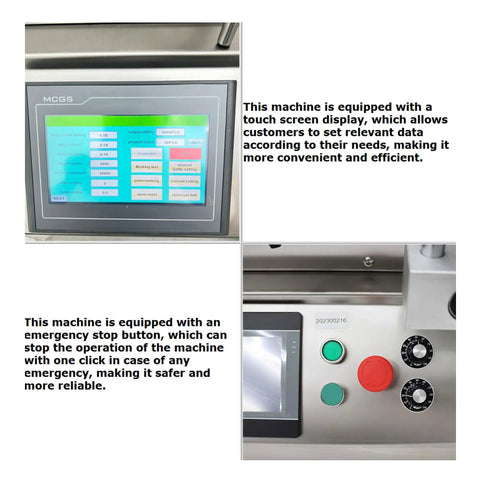 Heavy Duty Desktop Bottle Labeling Machine For Round Bottles With Lowkey Touch Screen Setup High Speed Sticker Wrapper Smooth Ride Cart showing touch screen controls and emergency stop button.