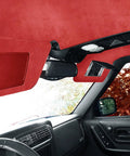 Installed red micro suede headliner fabric with foam backing and flame retardant for car interior view.