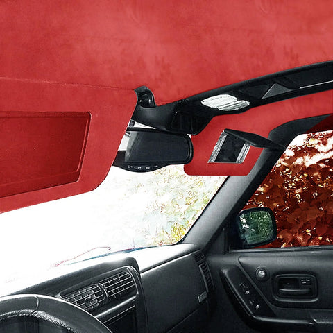 Installed red micro suede headliner fabric with foam backing and flame retardant for car interior view.