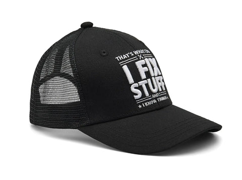 Side view of black I Fix Stuff And I Know Things Dad Hat - 3D Embroidered Cotton Baseball Cap For Men with mesh back