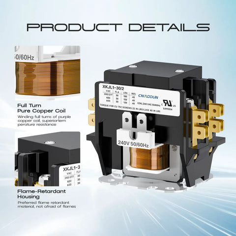 2 Pole 30 Amp 240V HVAC Contactor for Condensers, Compressors, and Heat Pumps with flame-retardant housing and full turn copper coil