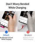USB C Angled Cable 90 Degree 6ft 4 Pack Nylon Braided Charger Cord for Galaxy S10 S10e S9 Note 10 With Fast Charge Data Sync Durable Nylon Braided Build Tangle Free Flexible Right Angle USB C Cable in Blue Black Magenta Purple, angled charging shown intact