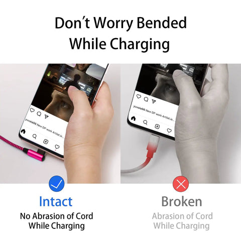 USB C Angled Cable 90 Degree 6ft 4 Pack Nylon Braided Charger Cord for Galaxy S10 S10e S9 Note 10 With Fast Charge Data Sync Durable Nylon Braided Build Tangle Free Flexible Right Angle USB C Cable in Blue Black Magenta Purple, angled charging shown intact