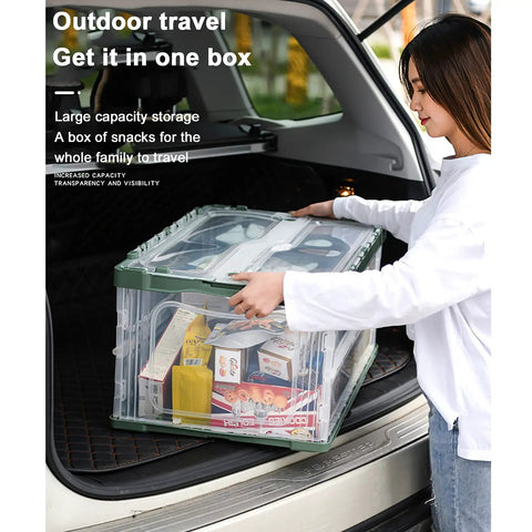 Heavy Duty Collapsible Storage Bins With Lids Super Sturdy Plastic Folding Crate in SUV carrying snacks.