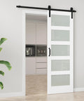 Top Shelf Frosted Glass Interior Barn Door With Six Foot Sliding Track Kit Scratch Resistant White Steel Frame, 30x84 inch panel, modern home design.