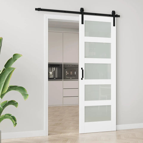 Top Shelf Frosted Glass Interior Barn Door With Six Foot Sliding Track Kit Scratch Resistant White Steel Frame, 30x84 inch panel, modern home design.