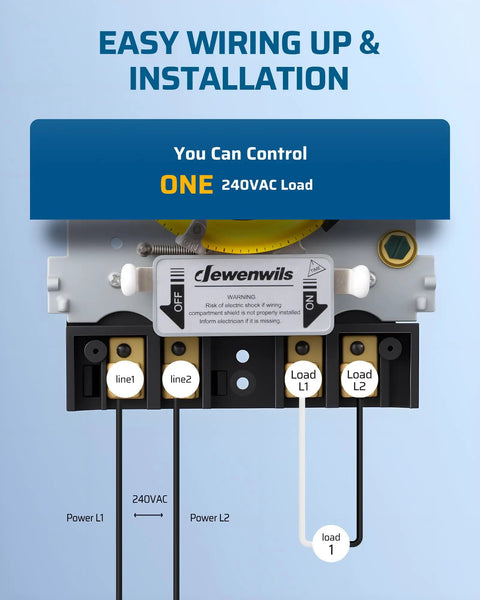 Rugged Heavy Duty Mechanical Timer Switch For Water Heaters And Pumps Featuring Dual Daily Programming And Wide Voltage Compatibility That Handles Five Horsepower Loads Without Breaking A Sweat wiring diagram showing power connections for 240VAC load.