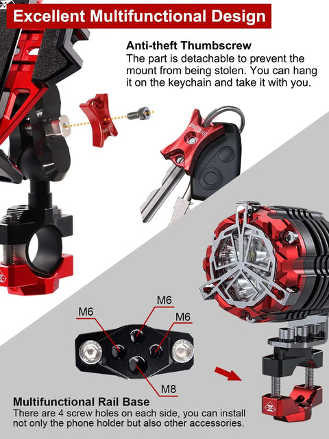 All Metal Motorcycle Phone Mount Is A Beast Mode Rig With CNC 6061 Aluminum And Stainless Steel Hardware, showing anti-theft thumbscrew and rail base design.