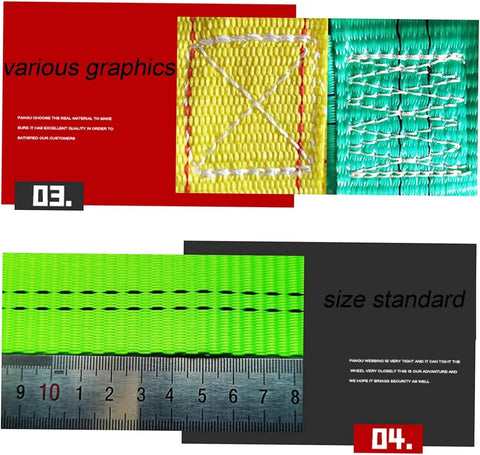 Close-up of textile material and ruler of heavy duty cargo lifting net 1x1m flat sling hoisting net reusable 500kg load capacity.