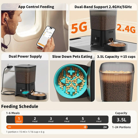 Dead Simple Smart Cat Feeder With Solid Wifi And Smartphone App Control Automated Timed Pet Food Dispenser showing app control, capacity and bowl design.