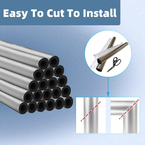 Self-Adhesive Pipe Insulation Foam Tubes 20 Pack, 1.31 Ft Each, 0.59 Inch Thick, shown with cutting and installation details.