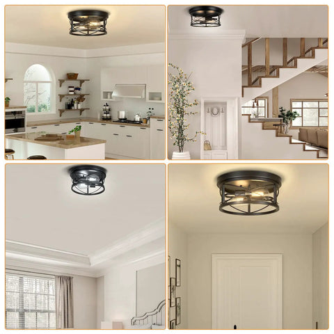 Industrial Flush Mount Ceiling Light Black 2 Light Metal Cage Farmhouse Ceiling Fixture For Kitchen Dining Room Porch Hallway Close To Ceiling Dope Rustic Vibe installed in a kitchen and hallway