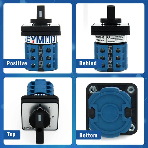 Beefy 20A Rotary Changeover Switch 660V 3 Pole 6 Position 12 Terminal Latching Selector with Blue Fork Terminals, multi-view