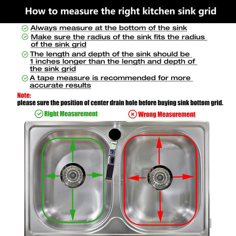 Image of double kitchen sink with instructions for measuring right fit for 2Pack Stainless Steel Sink Grids For Double Kitchen Sink Bottom Protection