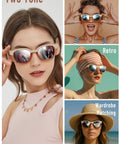 Trendy Cream Colorblock Polarized Sunglasses For Women Featuring Retro Square Frames And UV400 Mirrored Lenses That Totally Hit Different On Any Streetwear Fit worn by model, two-tone cream frame and mirrored lenses.