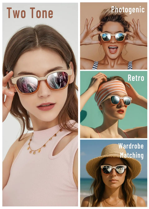 Trendy Cream Colorblock Polarized Sunglasses For Women Featuring Retro Square Frames And UV400 Mirrored Lenses That Totally Hit Different On Any Streetwear Fit worn by model, two-tone cream frame and mirrored lenses.