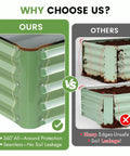 Comparison of olive green galvanized raised garden bed kit vs competitor, showing seamless design with no soil leakage.