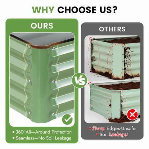 Comparison of olive green galvanized raised garden bed kit vs competitor, showing seamless design with no soil leakage.