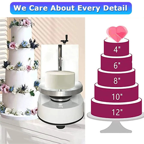 Absolute Knock Out Electric Cake Smoother And Automatic Frosting Spreader featuring stainless steel scraper with cake sizes 4-12 inches.