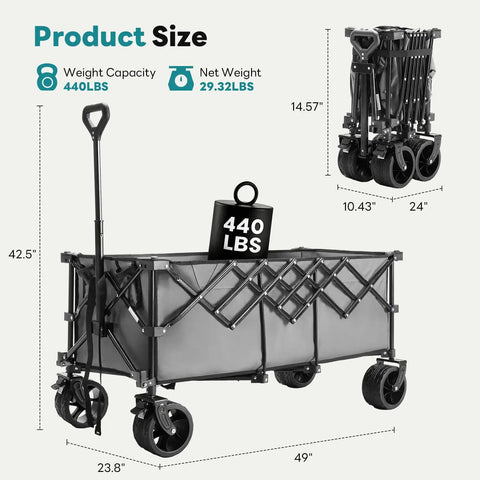 49 Inch Foldable Collapsible Grocery Wagon Cart With 440 Lb Capacity On Wheels For Camping Beach Shopping Garden And More