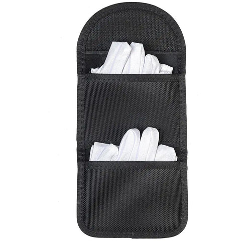 Two Pair Glove Pouch For Duty Belt, Heavy Duty Ballistic Nylon Glove Holder with dual pockets, showing gloves inside, fits 2" belts