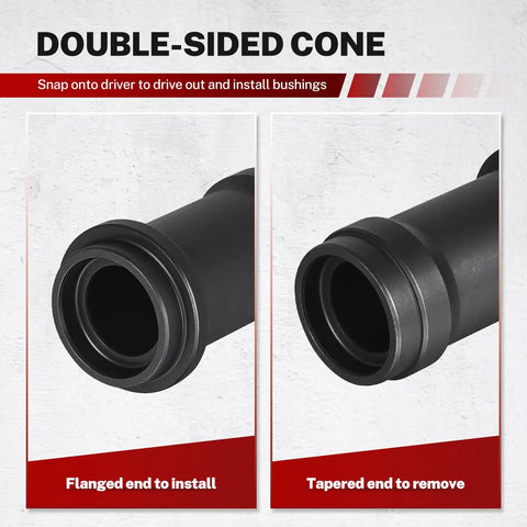 Double-sided cone for Air Powered Truck Anchor Pin Bushing Driver Kit, featuring flanged and tapered ends for installation and removal.