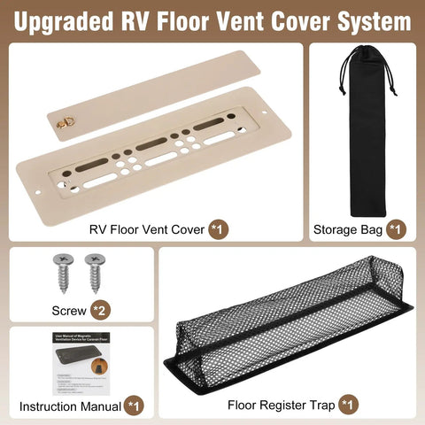 Beefy Rugged Aluminum RV Floor Vent Cover Kit 2x10 Magnetic Removable Floor Register Trap Light Brown Finish components