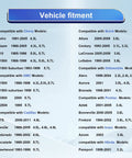 Vehicle fitment chart showing model-year lists for Chevy, Buick, GMC, Cadillac, Oldsmobile and Pontiac.