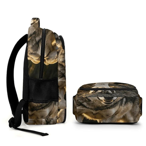 Rock Mountain Grey Wolf Print Unisex Backpack Big Capacity For Everyday Carry And Travel Durable Polyester Build side and front view