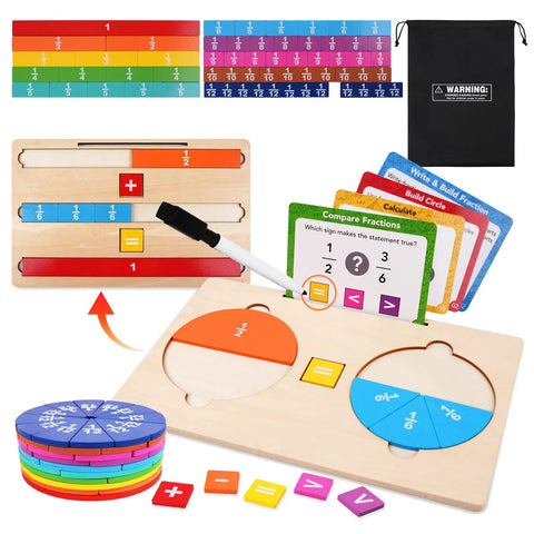 Wooden Fraction Tiles And Circles Set For Kid Friendly Hands On Math Manipulatives, Montessori Fraction Learning Kit, storage bag included
