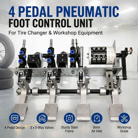 4 Pedal Tire Changer Foot Control Assembly With Heavy Duty Steel Frame And Aluminum Pedals Pneumatic Air Valve System Replacement Component For Tire Changer Machine 8mm Hose Connection