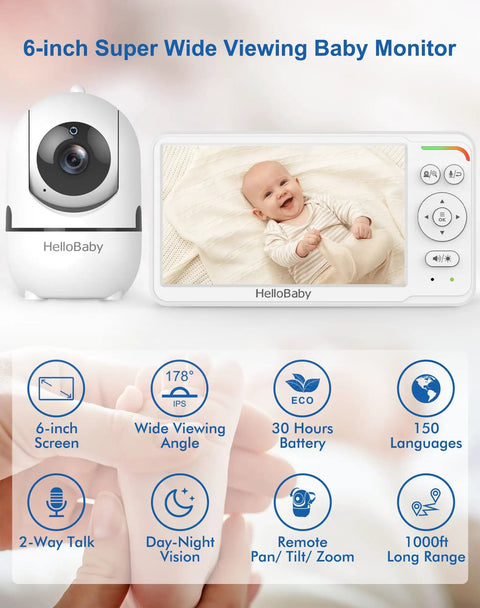 Top Shelf 6 Inch Video Baby Monitor With Ips Screen And Camera For Crystal Clear Audio And 30 Hour Battery Life Featuring Night Vision Two Way Talk And Portable Design That Is A Straight Up Game Changer showing baby smiling on 6-inch screen.