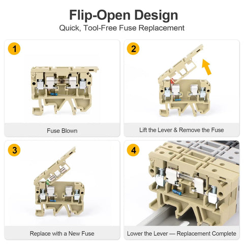 Heavy Duty Din Rail Fuse Holders Terminal Block Kit With Led Indicator Lights illustrating quick flip-open fuse replacement steps.