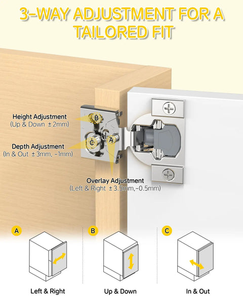 Image showing the 3-way adjustment mechanisms of Twenty Pack Heavy Duty Soft Close Cabinet Hinges For Half Inch Overlay Face Frame Doors.