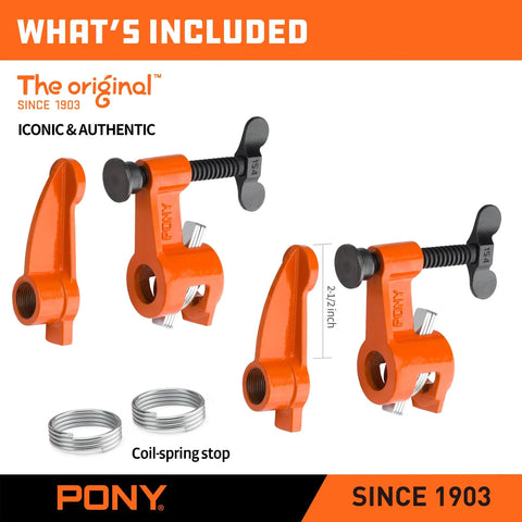 Heavy Duty Deep Reach Pipe Clamps 2 Pack For Woodworkers And Diy Crews 3/4 Inch Threaded Steel Vise Kit with orange cast iron clamps and coil-spring stops.
