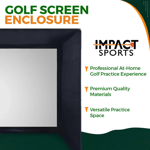 Indoor Golf Simulator Enclosure With Impact Screen Easy Setup Home Practice Cage For Garage Training And Simulation Use Perfect For Personal At Home Golf Practice And Swing Refinement shown with text highlighting features and brand logo