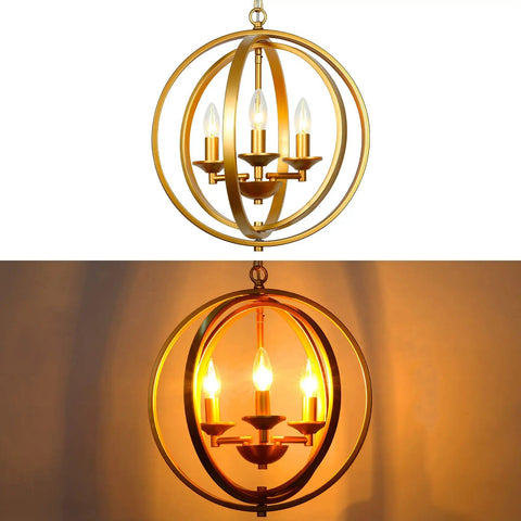 Gold Orb Three Light Chandelier with Adjustable Ring Orbits Modern Globe Hanging Lights Fixture for Dining Room Bedroom Foyer Entryway and Living Room Vibe