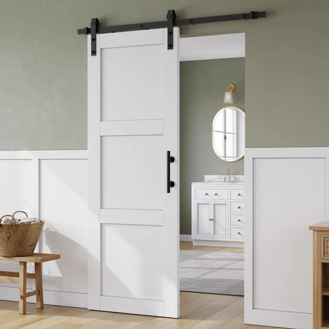 Knockout Farmhouse Style 32 By 84 Inch Sliding Barn Door With 6 Ft Smooth Operator Hardware Track shown in modern interior.