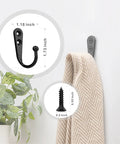 15 Piece Black Wall Mounted Coat Hook Set dimensions with screw details, hanging a towel near plant illustration.