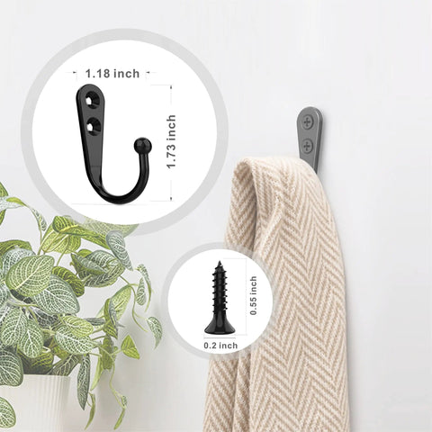 15 Piece Black Wall Mounted Coat Hook Set dimensions with screw details, hanging a towel near plant illustration.