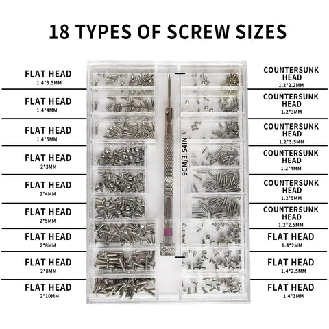 Micro Screw Repair Kit With Precision Screwdriver, 630 Silver Stainless Micro Screws In 18 Sizes Organized in Case
