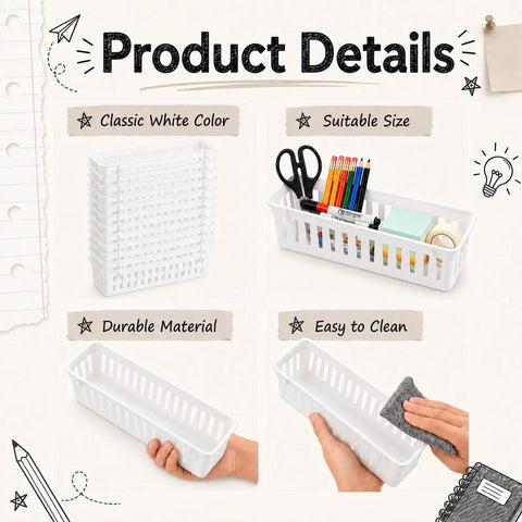12 Piece Desk Pencil Holder Set, white trays with organizers, pens, scissors, features classic white color, easy to clean and durable