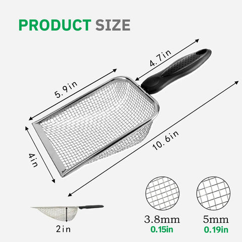 2 Pack Chicken Poop Scoopers For Coop Cleanup, Dual Mesh Shovel Set With 3.8mm And 5mm Holes, Stainless Steel, Size Diagram