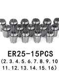 Versatile ER25 Morse Taper Collet Chuck Set With 1 16mm Range For CNC Milling And Lathes featuring 15 collets in varying sizes.