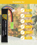 11.1V 2000mAh 30C LiPo Battery for Airsoft and RC, shown with suitability for various models