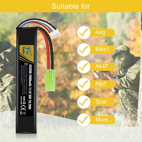 11.1V 2000mAh 30C LiPo Battery for Airsoft and RC, shown with suitability for various models